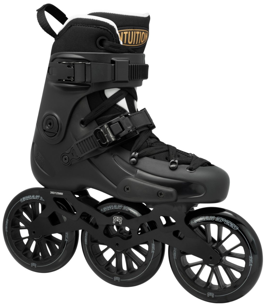 black FR1 325 Intuition inline skate for urban speed skating with three wheels of 125 mm diameter